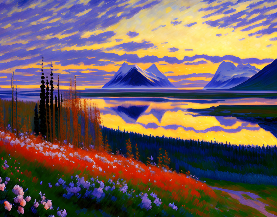 Serene lake landscape with purple-orange skies