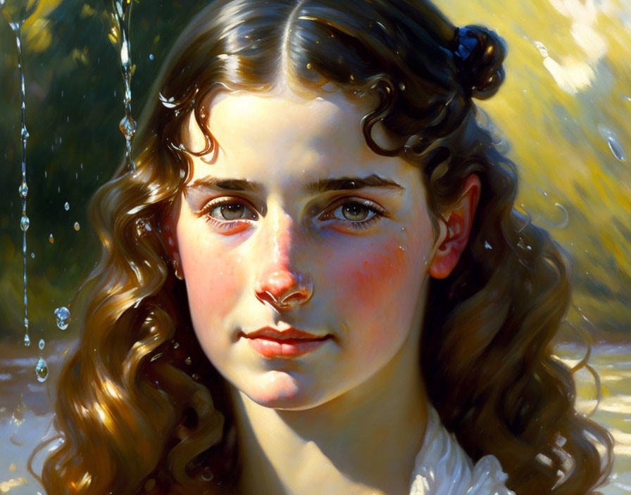 Young girl with curly hair in sunlit water scene