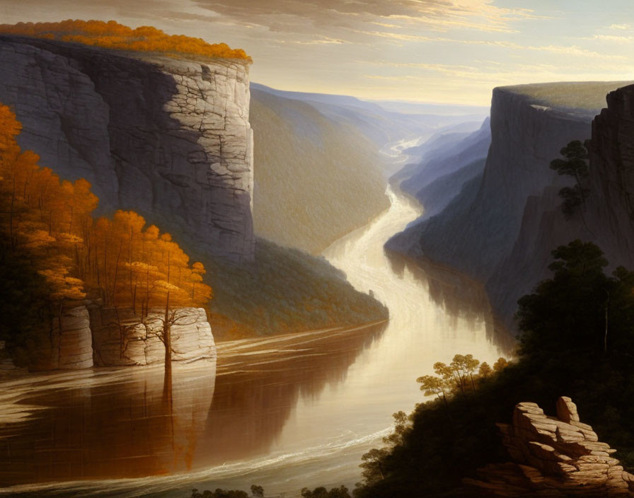 Tranquil river in deep canyon with autumn cliffs at sunrise or sunset