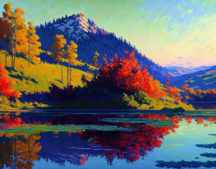 Colorful Mountain Landscape with Autumn Trees and Lake Reflections at Sunset