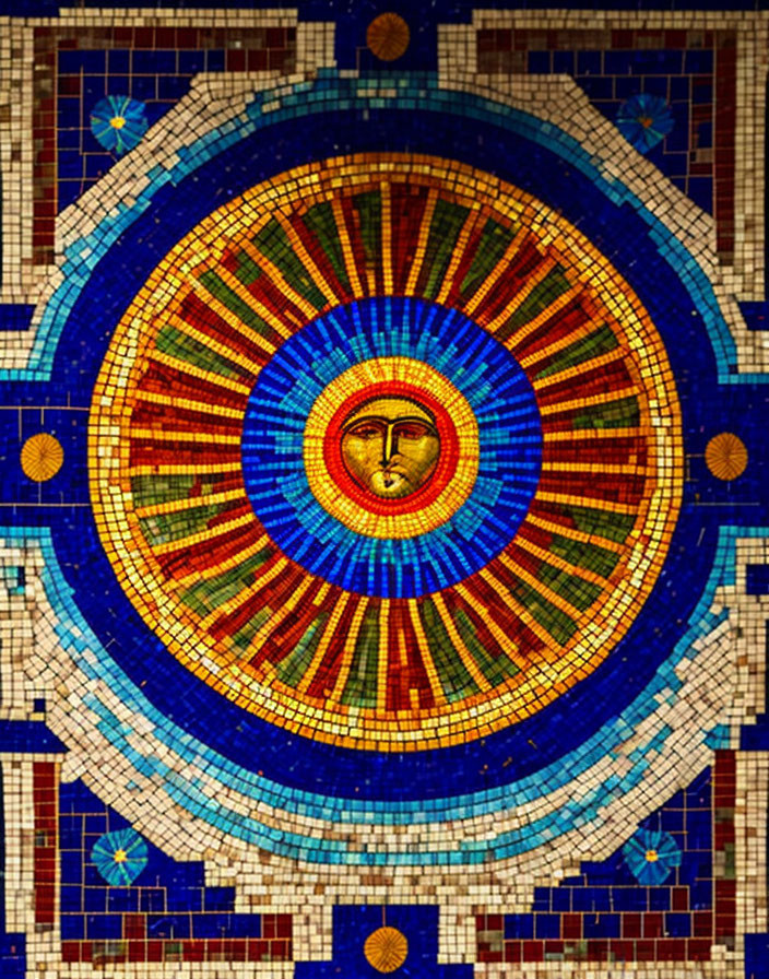 Colorful mosaic of radiant sun with human face, surrounded by blue, gold, and red beams