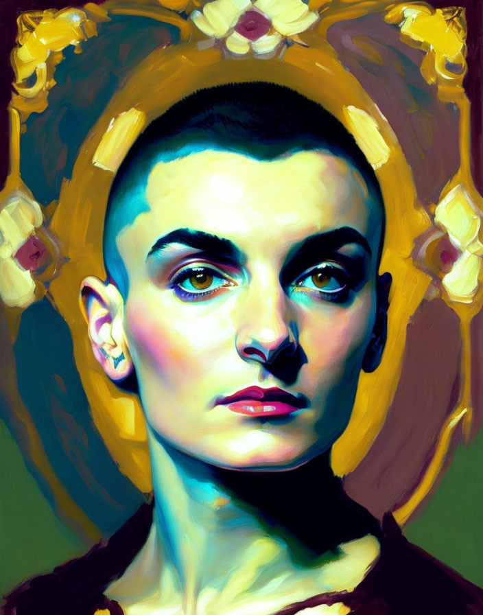 Colorful portrait with buzz cut and floral frame reminiscent of religious art