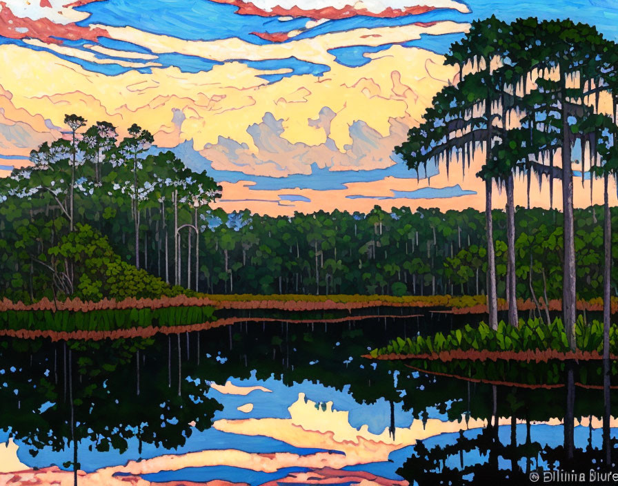 Scenic painting of serene lake, tall trees, colorful sky & fluffy clouds.