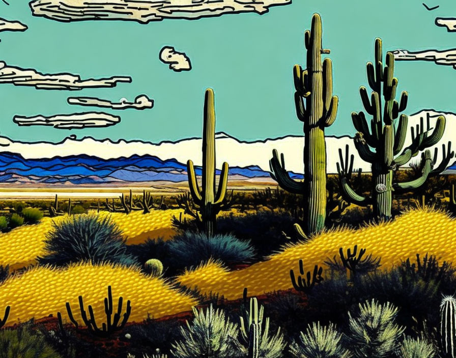 Vividly colored desert landscape with cacti and mountains