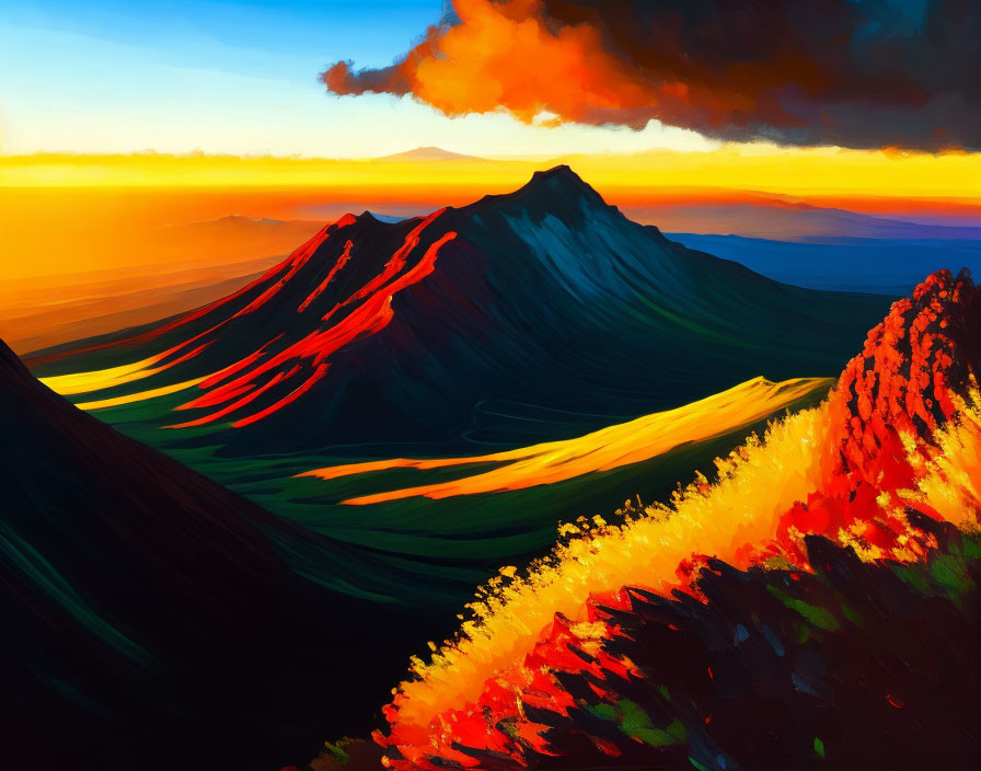 Mountain landscape painting with cascading shadows and vivid sky