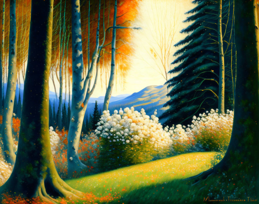 Colorful forest painting with sunlight, shadows, seasonal hues, and distant mountains.