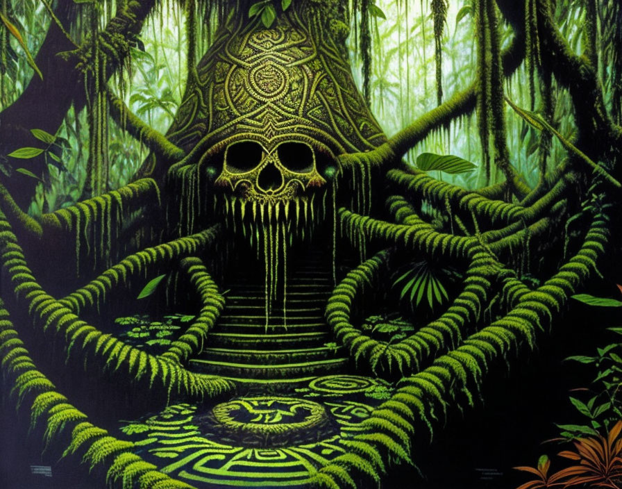 Intricate painting of ancient temple with skull motifs in lush, green forest