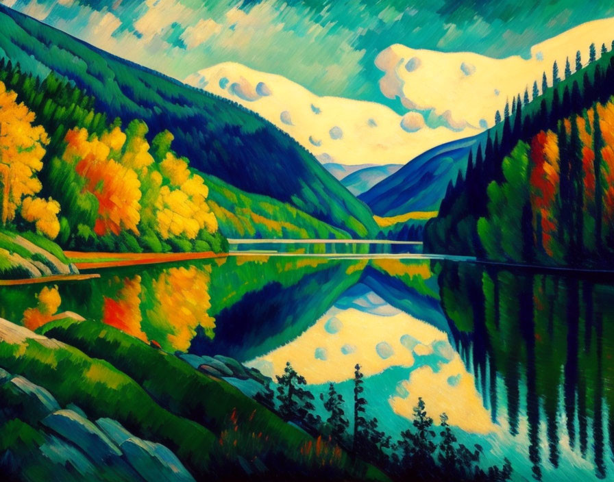 Scenic mountain lake painting with reflections and forests