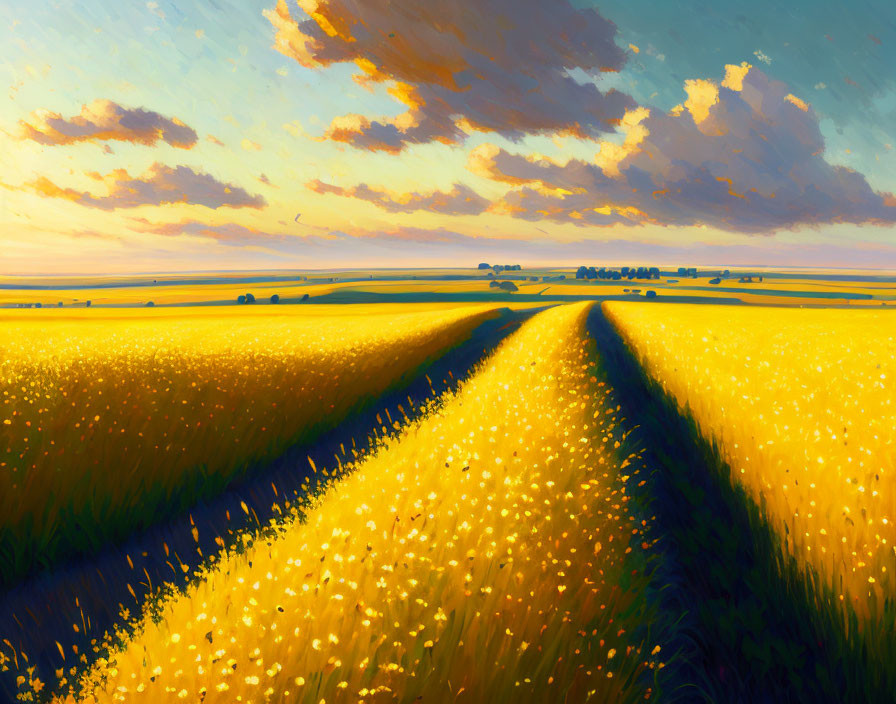 Yellow-flowered field painting under sunset sky with streaky clouds