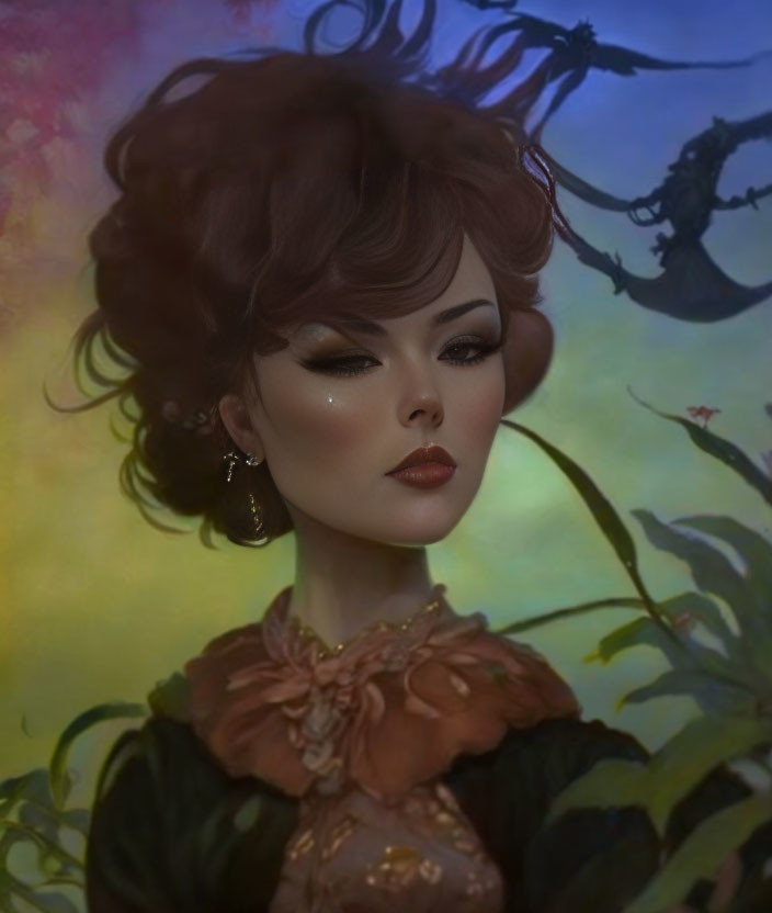 Woman with elegant makeup and ruffled orange blouse in fantasy setting