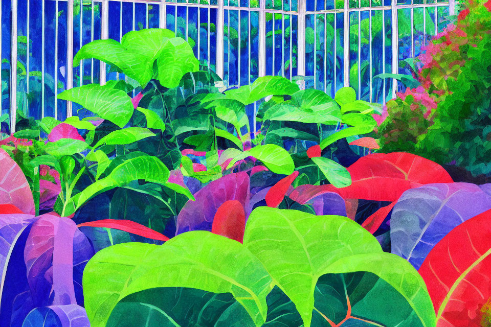 Colorful garden scene with lush foliage and blue fence