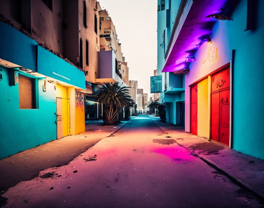 Colorful Empty Alley with Blue and Pink Neon Lights at Twilight