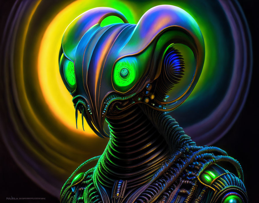 Vibrantly colored digital artwork: Futuristic alien with glowing eyes and helical body patterns on yellow