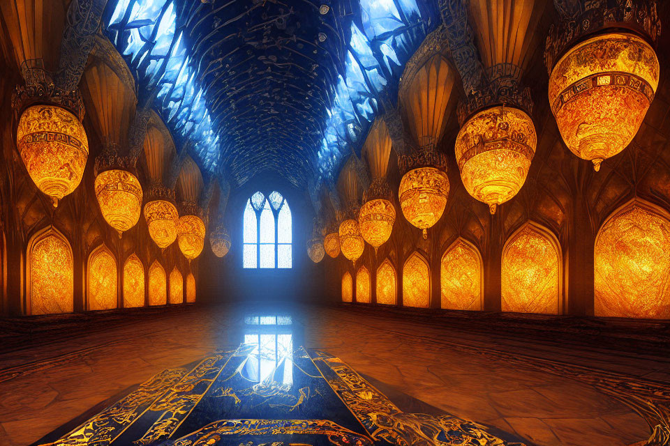 Ornate Grand Hall with Golden Chandeliers and Patterned Ceiling