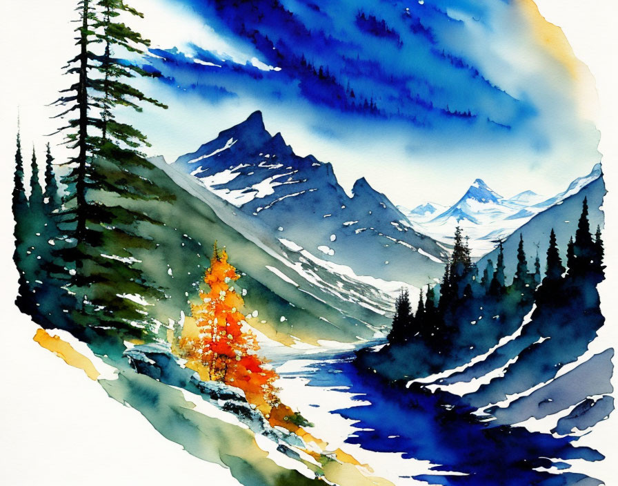 Mountain Scene Watercolor Painting with Evergreen Trees & River