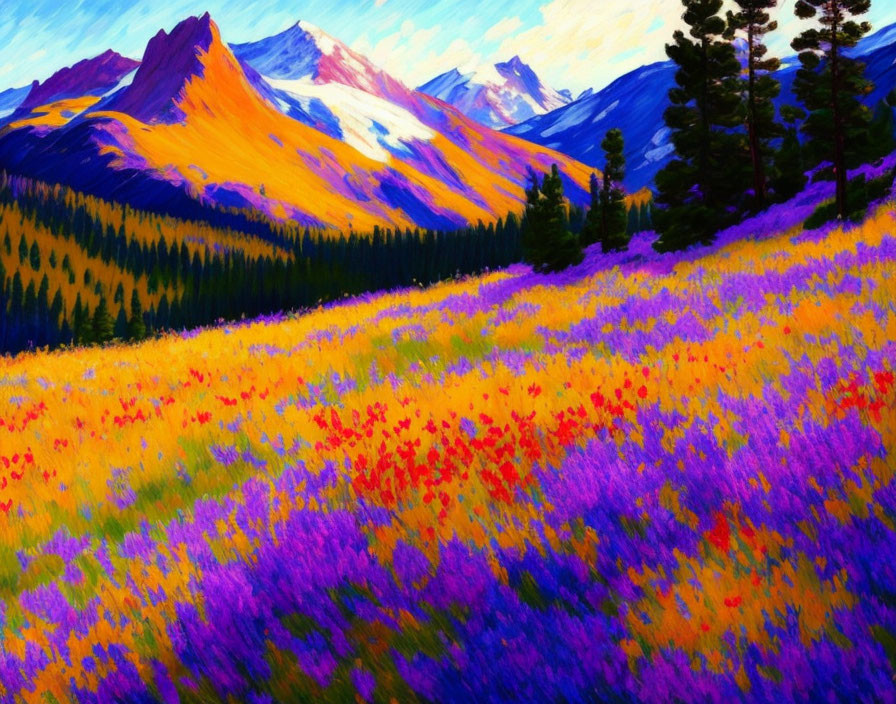 Colorful Mountain Landscape Painting with Flower Field