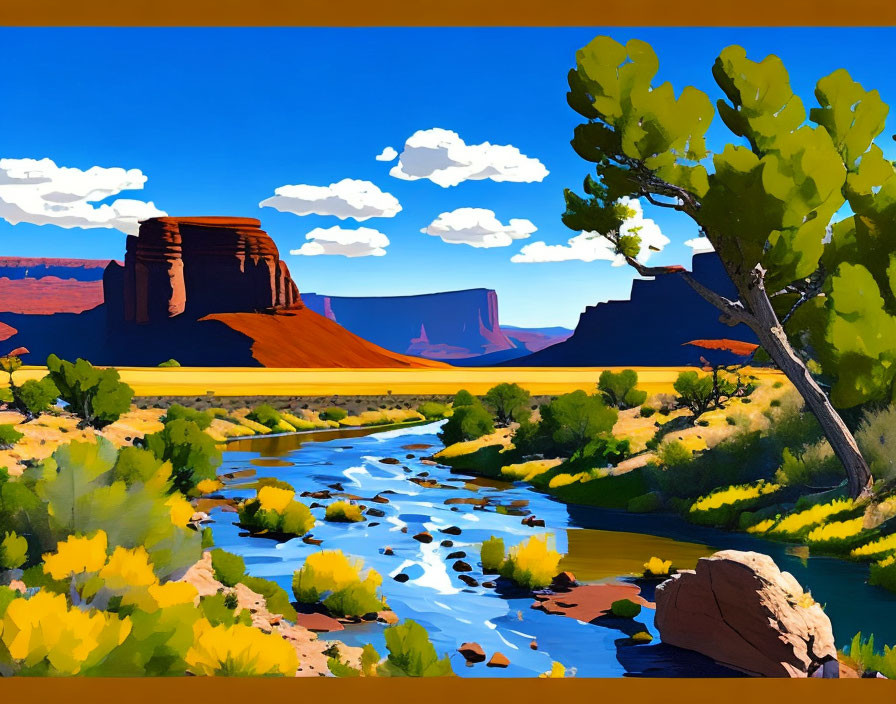 Colorful desert landscape with river, trees, and red rocks under blue sky