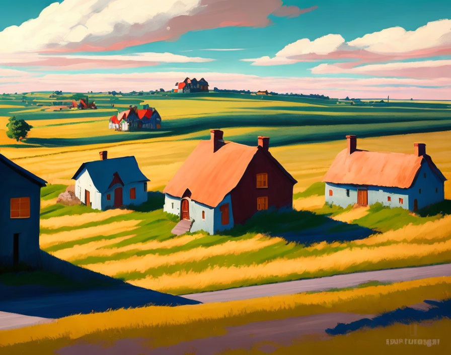 Vibrant rural landscape painting with green fields and red-roofed houses