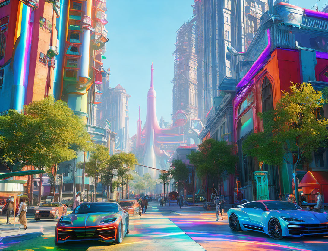 Futuristic cityscape with neon signs and sleek cars