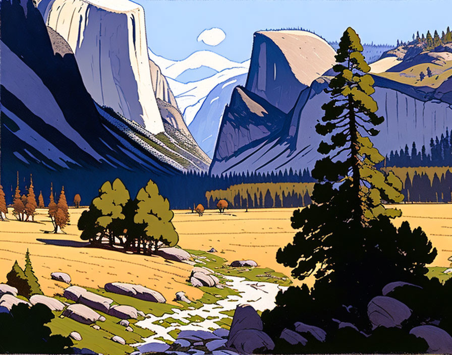 Illustration of Valley with Cliffs, River, Pine Trees, and Clear Sky