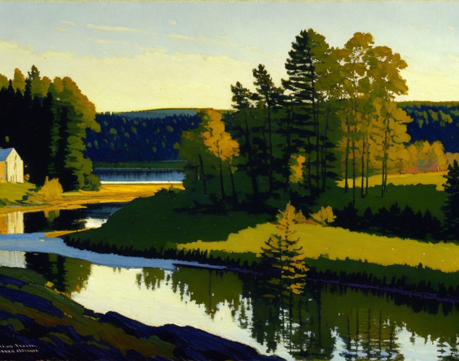 Scenic landscape painting of river, forest, house, and dam under clear sky