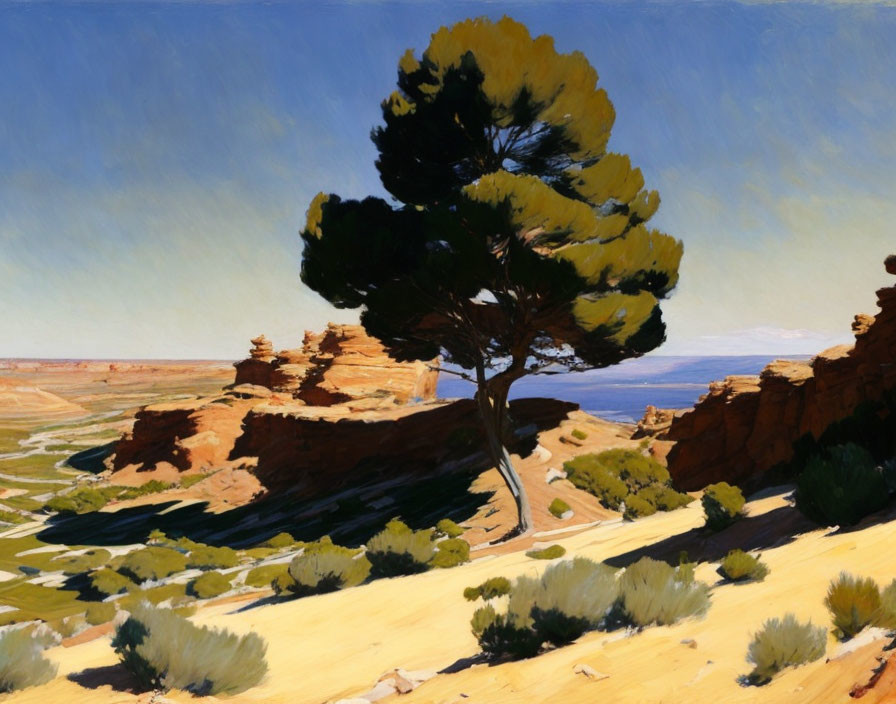 Colorful painting of lone tree on sandy bluff overlooking desert landscape