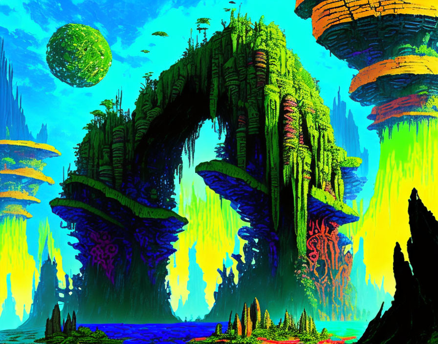 Alien landscape with towering rock formations and cascading waterfalls