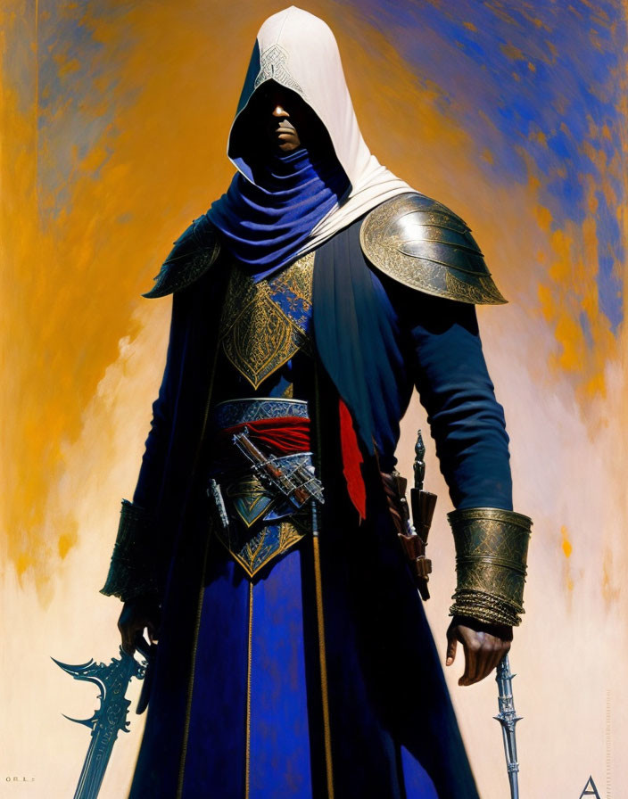 Cloaked figure with hood in golden and blue color palette and ornate shoulder armor wielding intricate blades