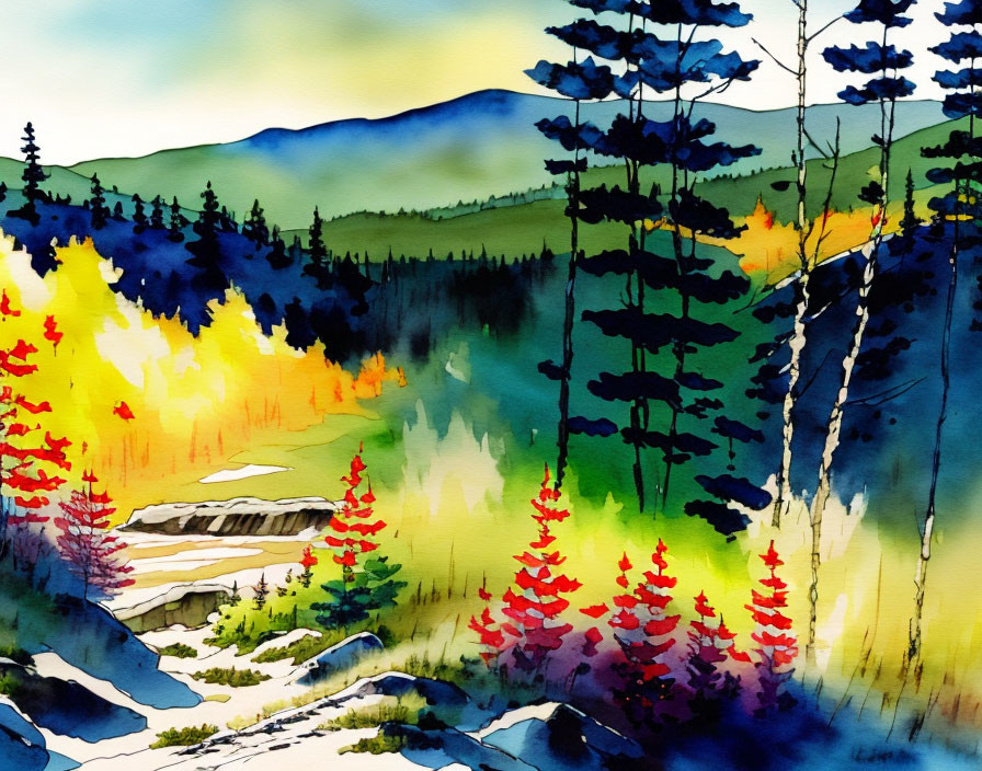 Colorful Watercolor Painting of Forest, Pine Trees, and Mountains