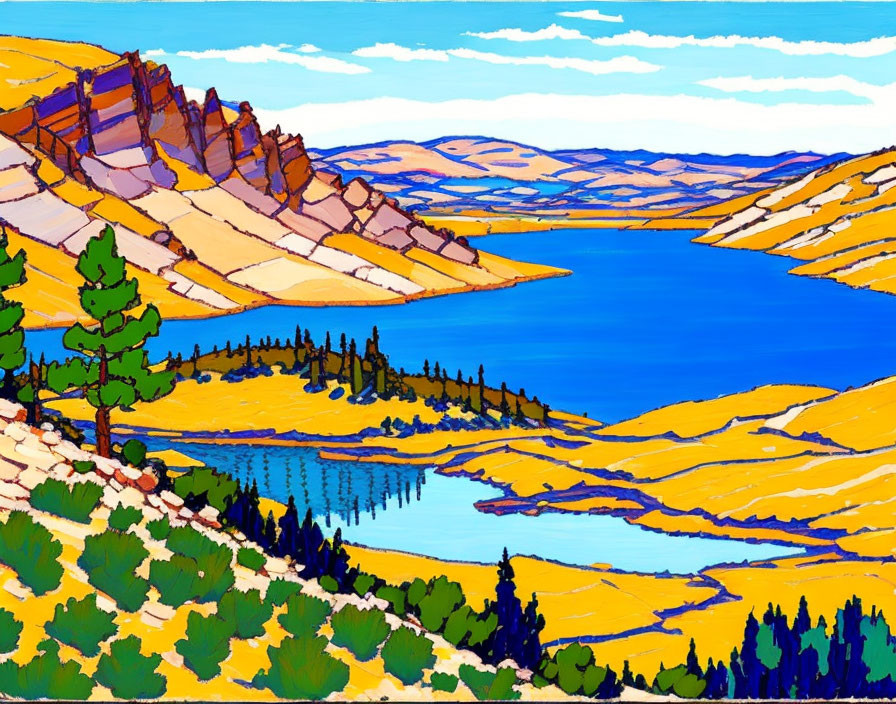 Colorful Landscape Painting: Blue Lake, Yellow Fields, Pine Trees, Striped Cliffs