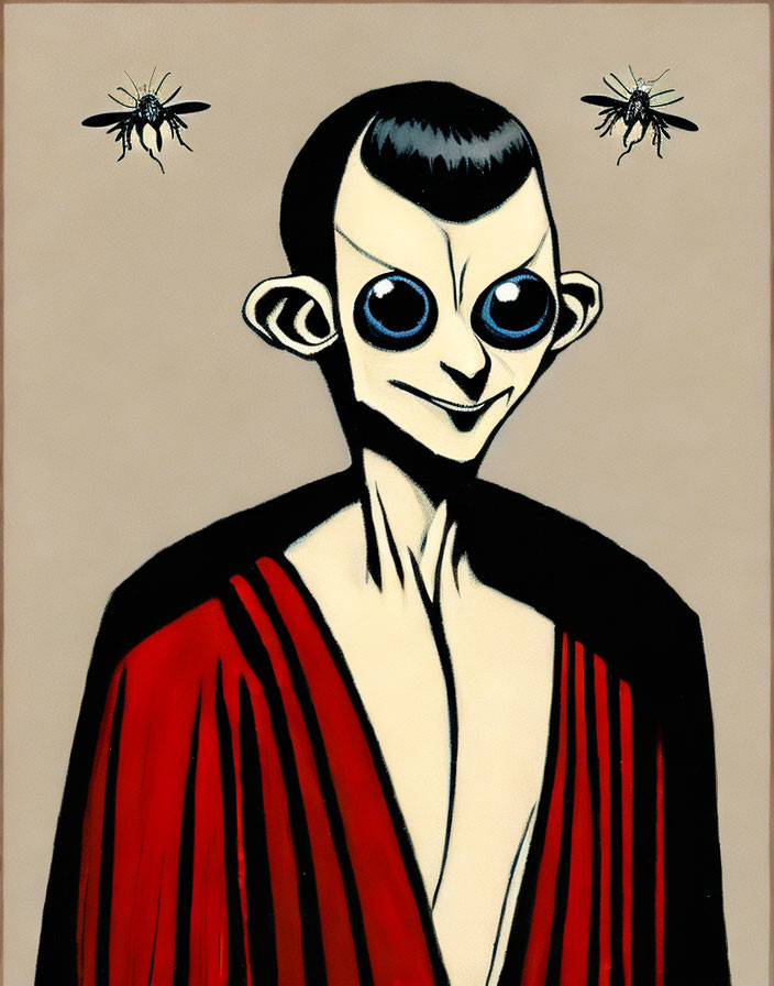 Illustrated character with pale skin, dark hair, large eyes, and elongated ears in red and