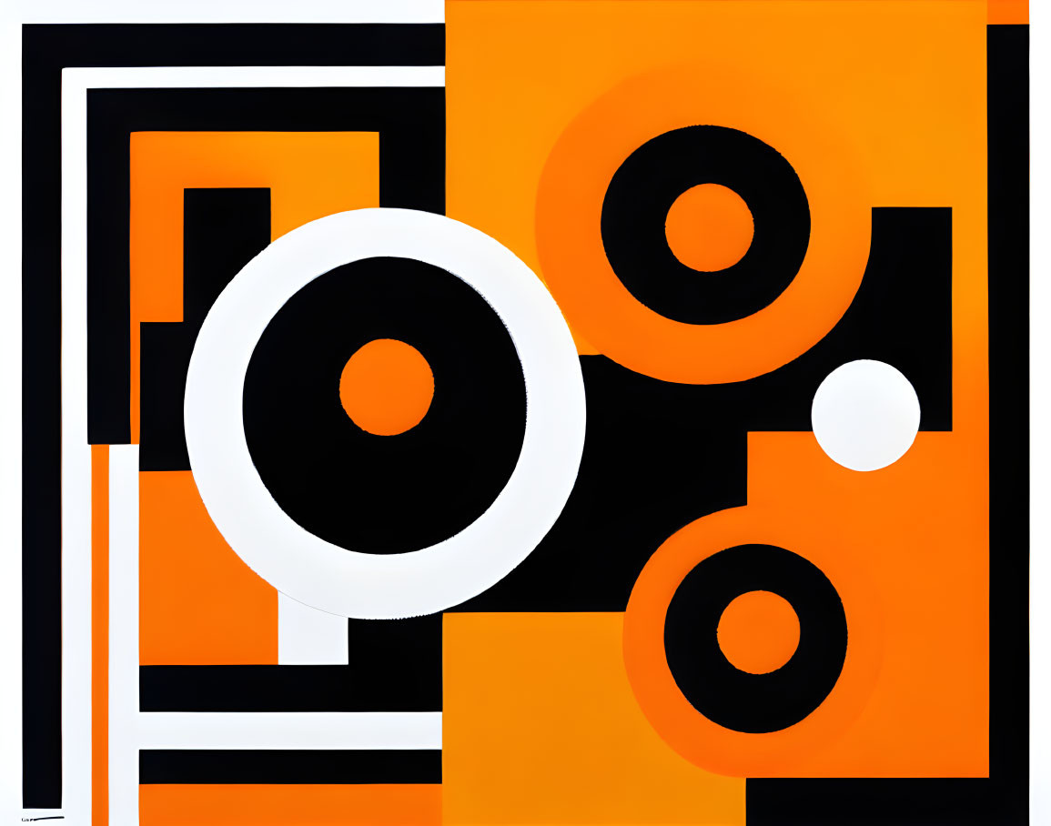 Abstract Geometric Artwork in Black, White, and Orange Circles, Rectangles, and Lines