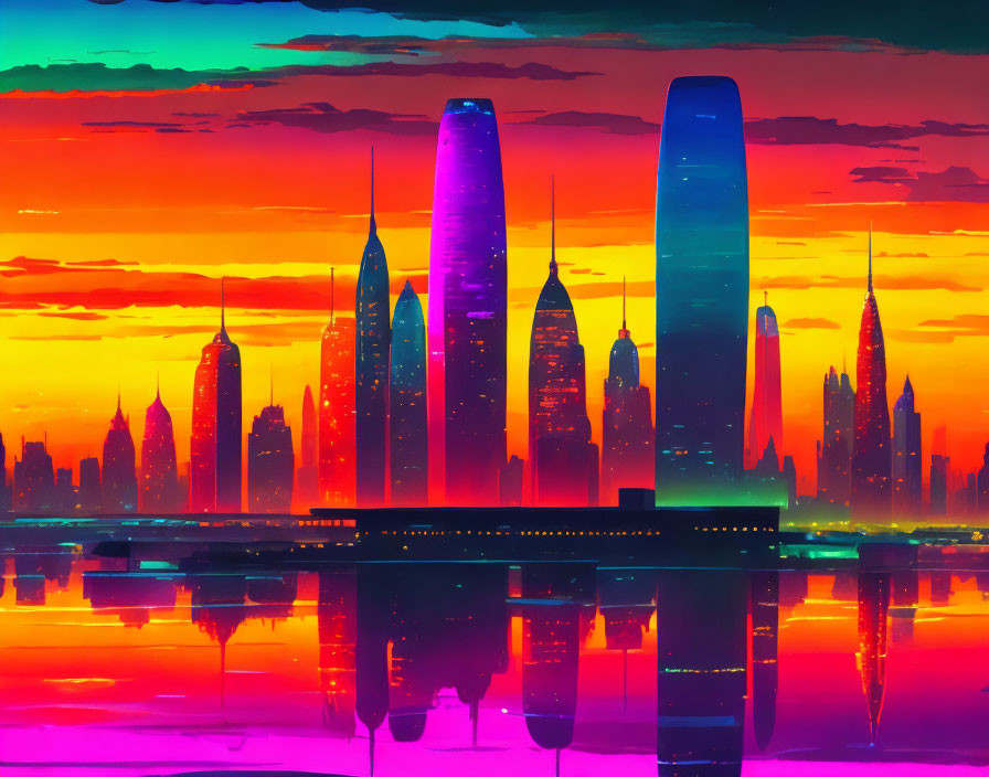 Futuristic city skyline digital artwork with neon colors at sunset