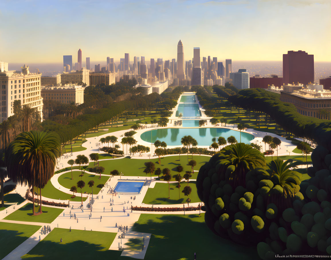 Tranquil park with green trees, paths, fountains & city skyline view