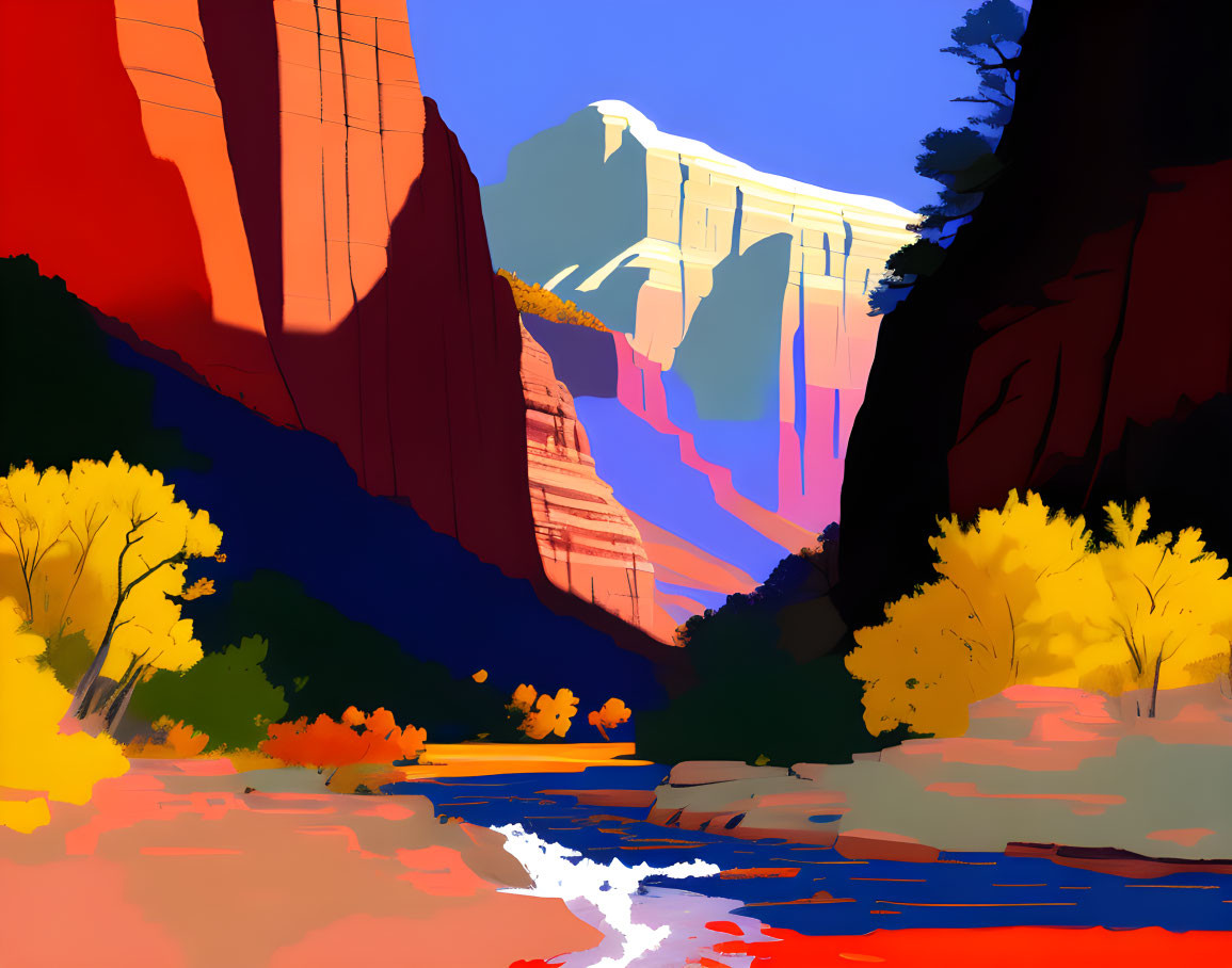 Digital Art: River in Red Rock Canyon with Autumn Trees