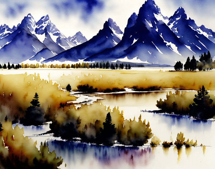 Serene landscape watercolor painting with mountains, river, and trees