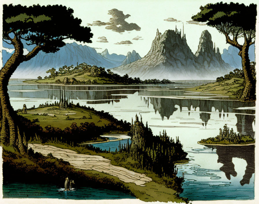 Tranquil landscape with lake, mountains, and figure