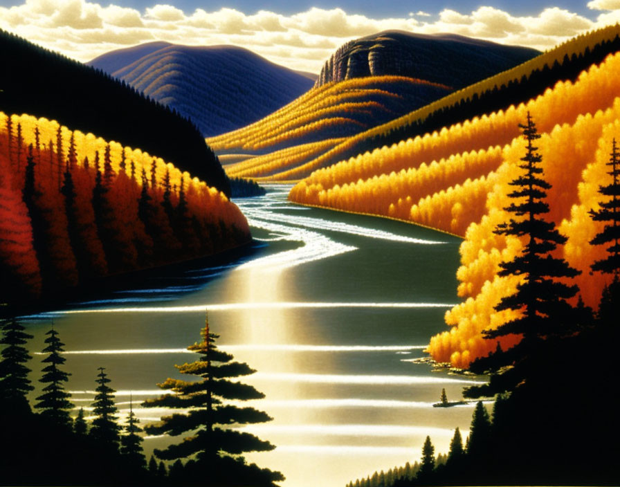 Tranquil river in vibrant autumn forest with golden light