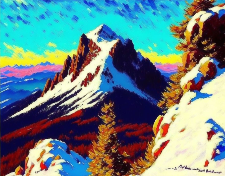 Vibrant painting of snowy mountain peak at sunrise.