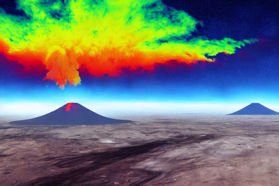 Colorful Volcanic Eruption in Starry Landscape