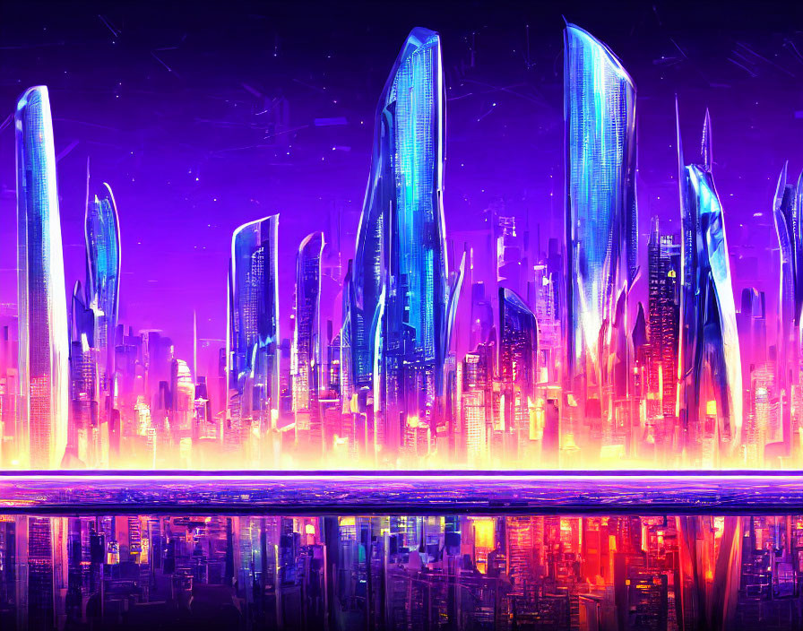 Futuristic cityscape with neon-lit skyscrapers reflecting on glossy surface
