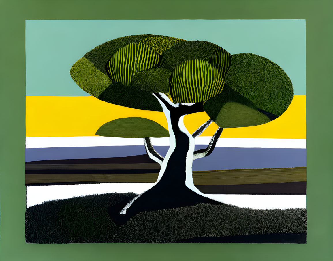 Abstract painting of split trunk tree with spherical canopies on green, yellow, and brown background