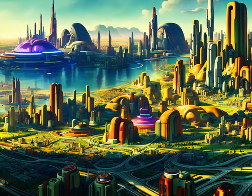 Futuristic cityscape with skyscrapers, domes, and vivid colors