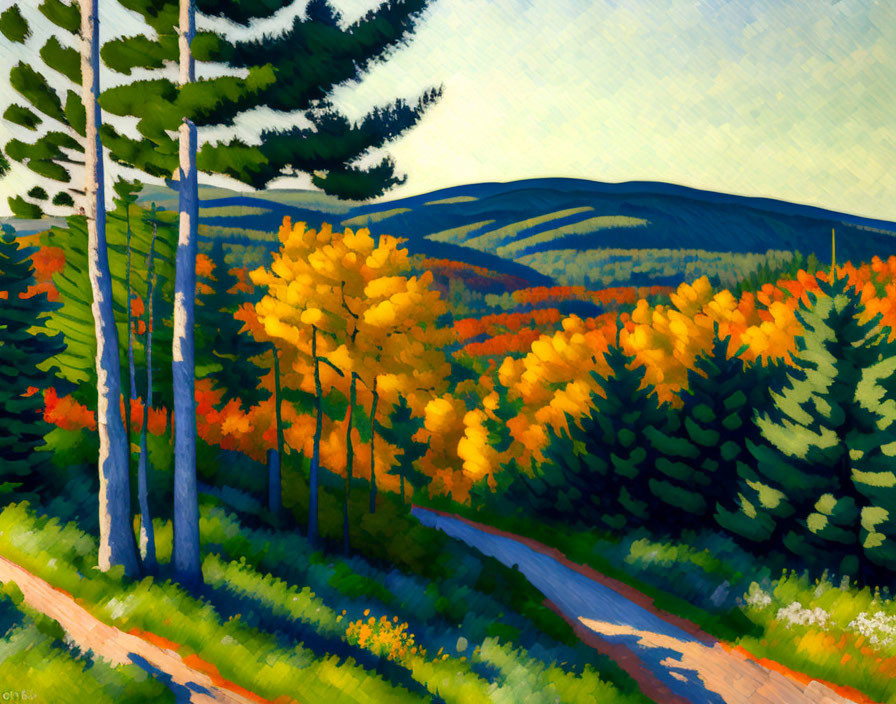 Colorful Autumn Forest Painting with Evergreen and Deciduous Trees