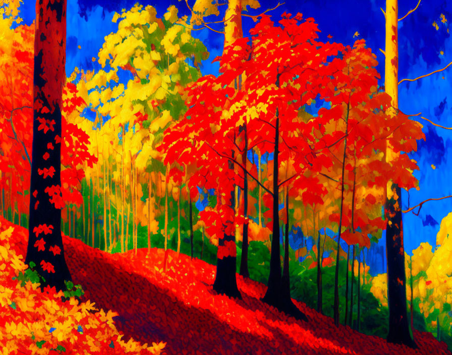 Colorful Autumn Forest Scene with Red and Yellow Leaves against Blue Skies