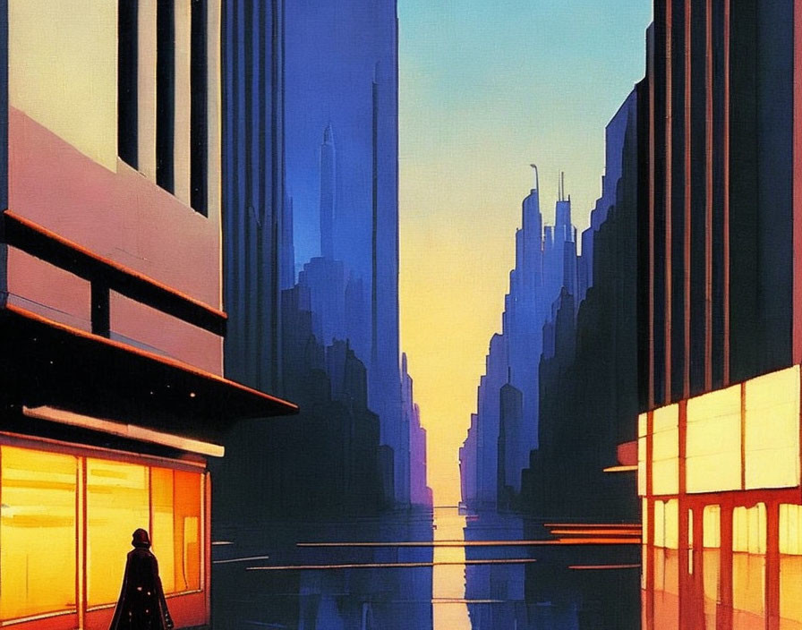 Vibrant sunset cityscape with silhouetted skyscrapers and lone figure.