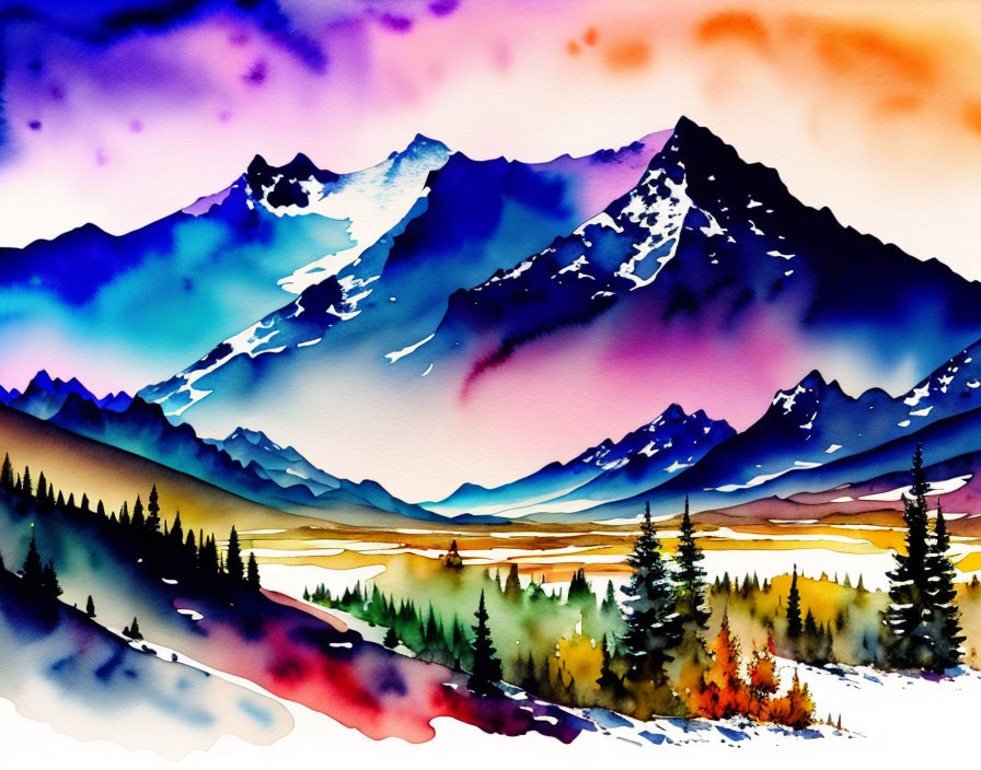 Mountainous Landscape Watercolor Painting with Purple Skies and Reflective Lake