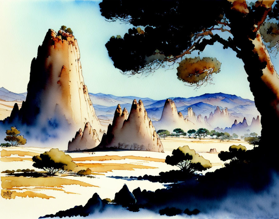 Serene landscape watercolor with rock formations and river