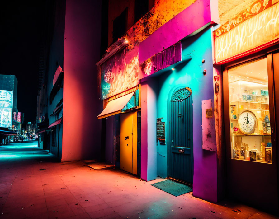 Colorful Neon-Lit Night Street with Watch Shop Display