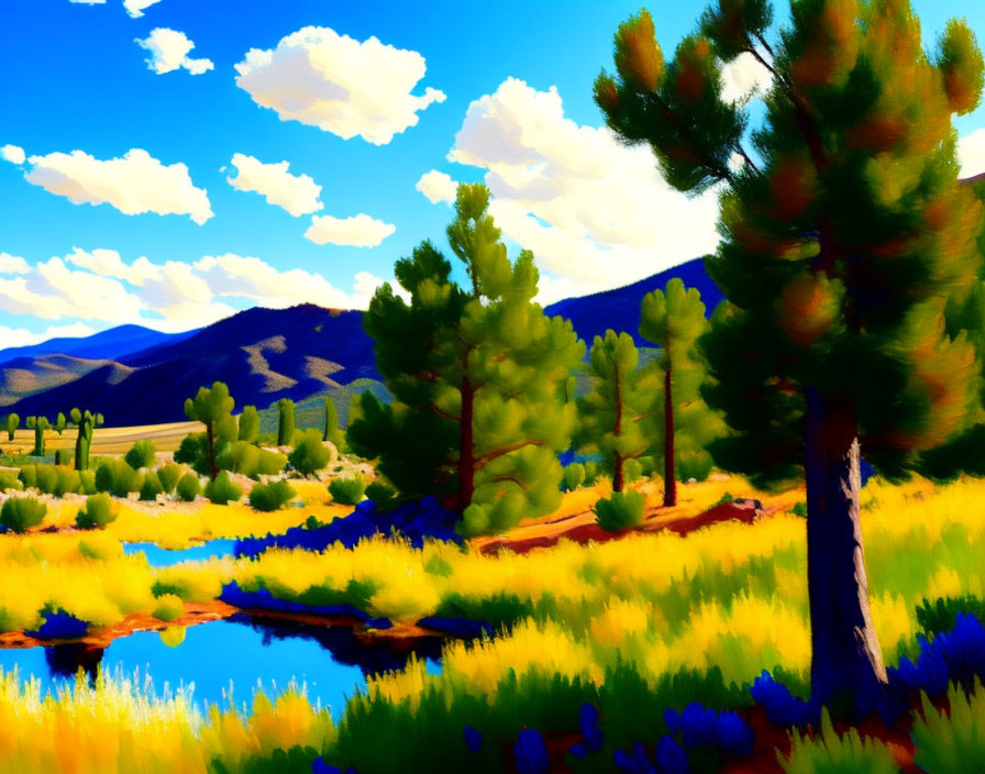 Colorful Landscape Painting: Blue Skies, Pine Trees, Water Body, Wildflower Field